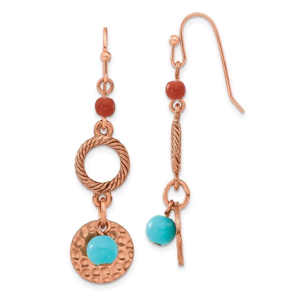 1928 Copper-tone Textured & Hammered Aqua & Brown Acrylic Beads Dangle Earrings